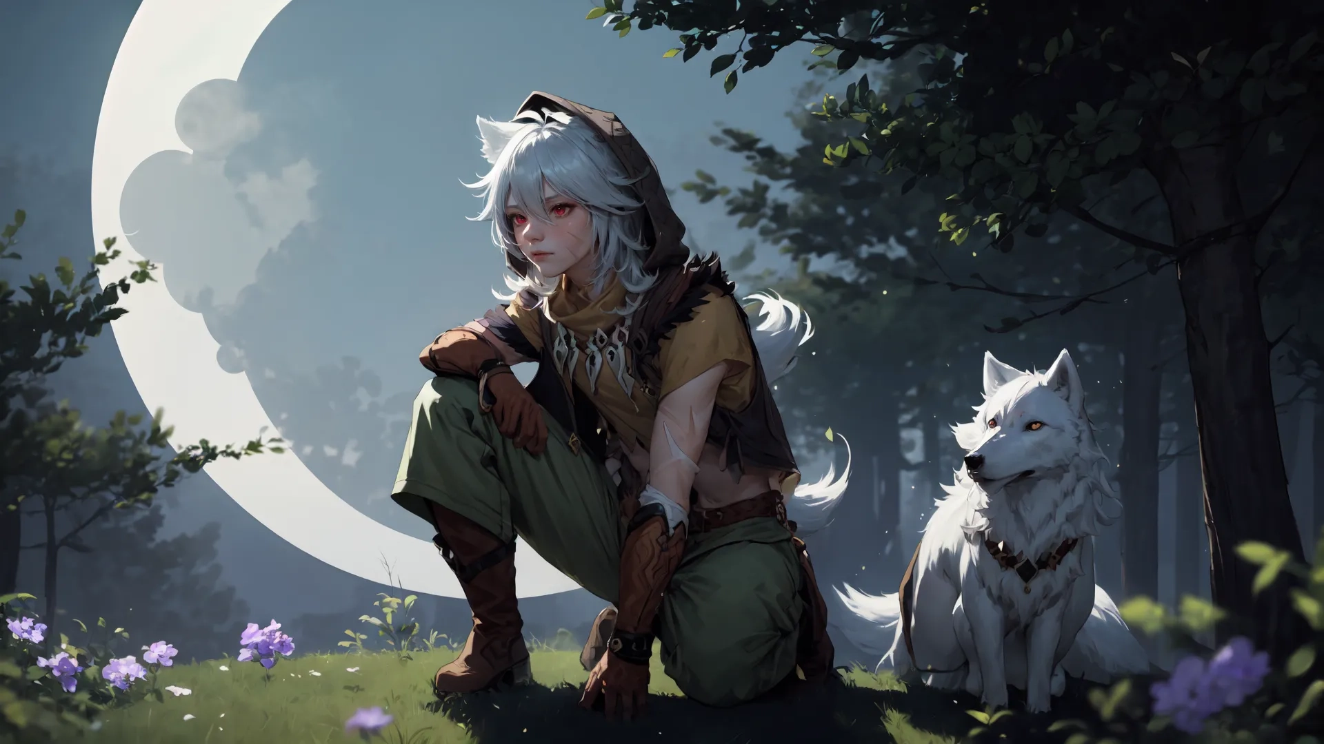 two foxes sitting next to each other looking at the moon, with a woman in green clothing crouch on the ground next to them and two small grey dogs sitting beside
