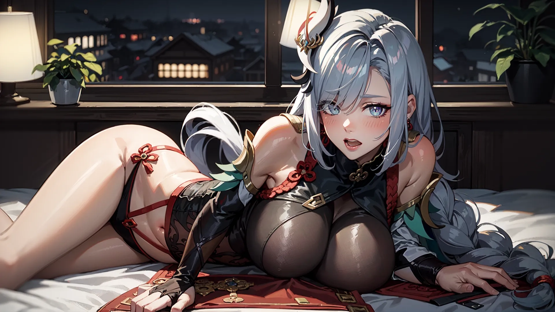 girls wearing short wigs laying on bed in front of window looking outside at night city through curtains with lights up across building area and blinds through windows