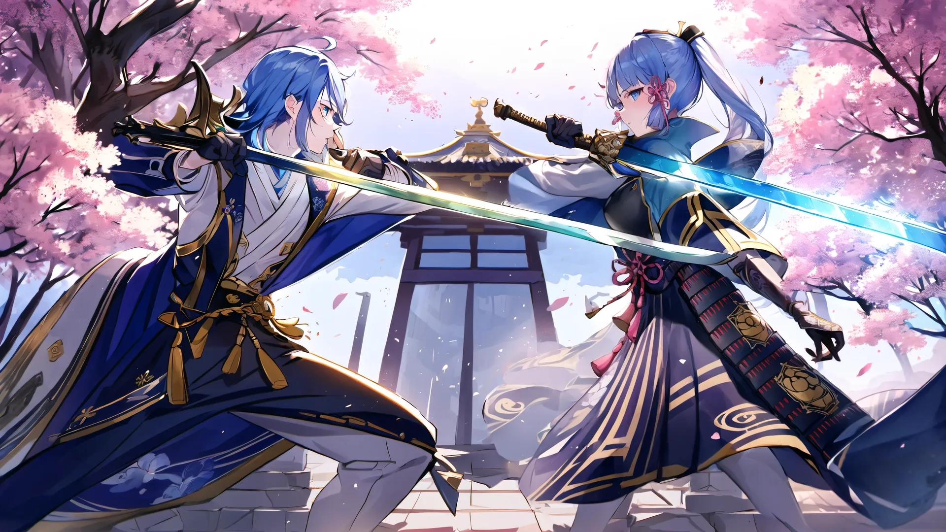 two female asian knight holding sword standing outdoors with trees and pink flowers in background as they engage one another's battle with sword and armor in foreground