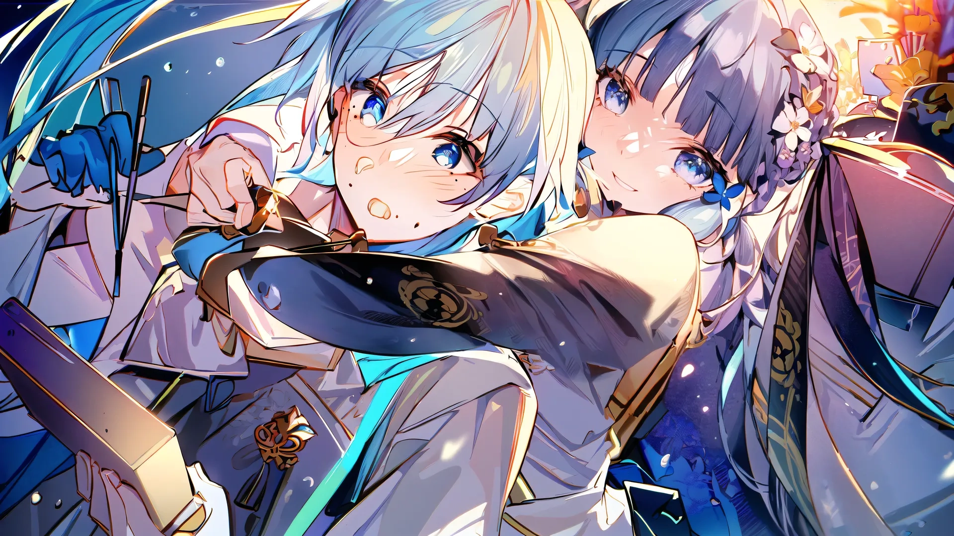 some adorable blue haired anime characters are on a wall each hold their arms out to show their love for something elsecwwher you?
