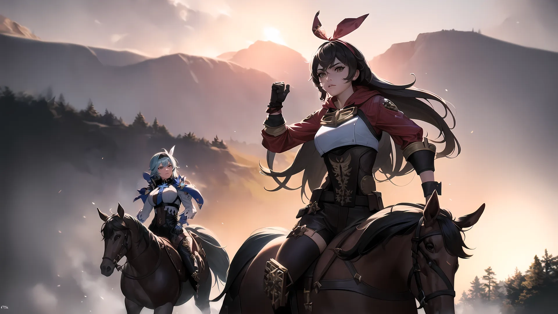 a group of equestrian riders in different ethnic dress attire on the same horse back trail, with mountains in the distance, at sunset, and on a colorful sky