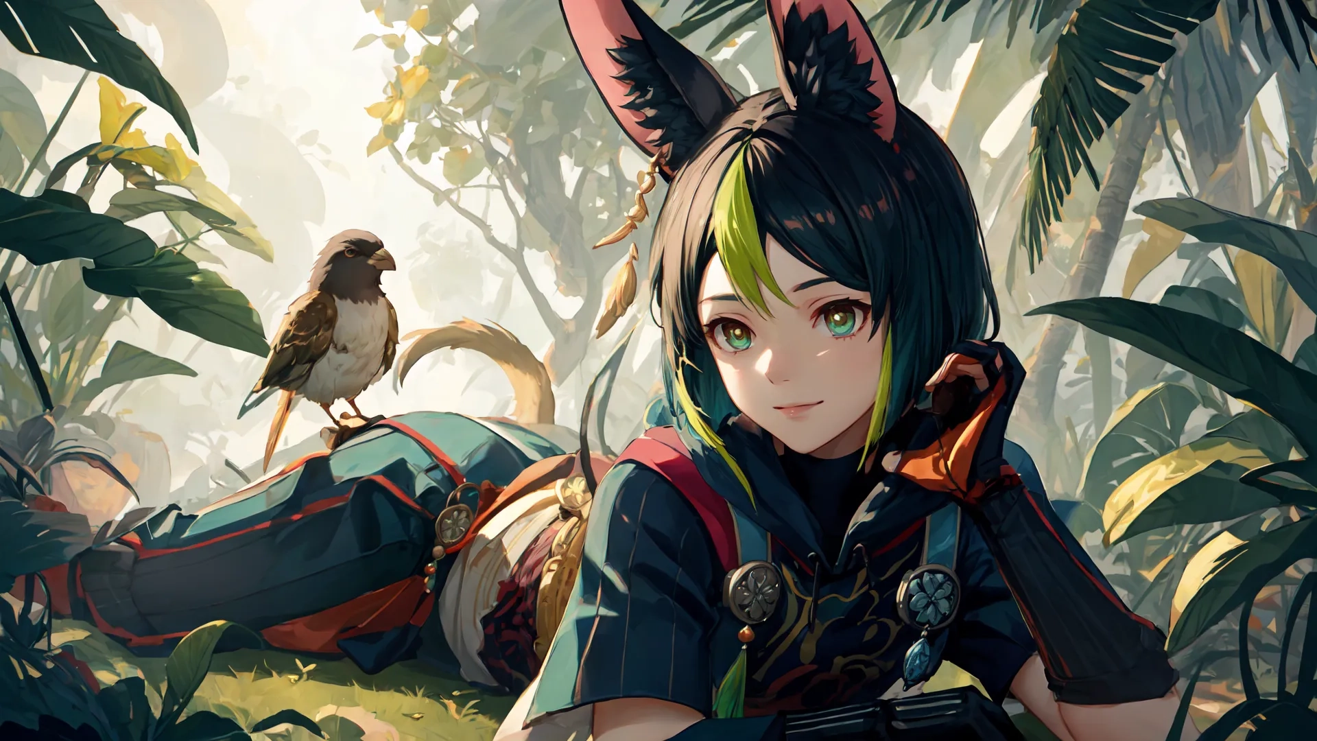 two women laying down and looking at something in front of the viewer, with a bird on their head looking nearby on a grassy, tropical background