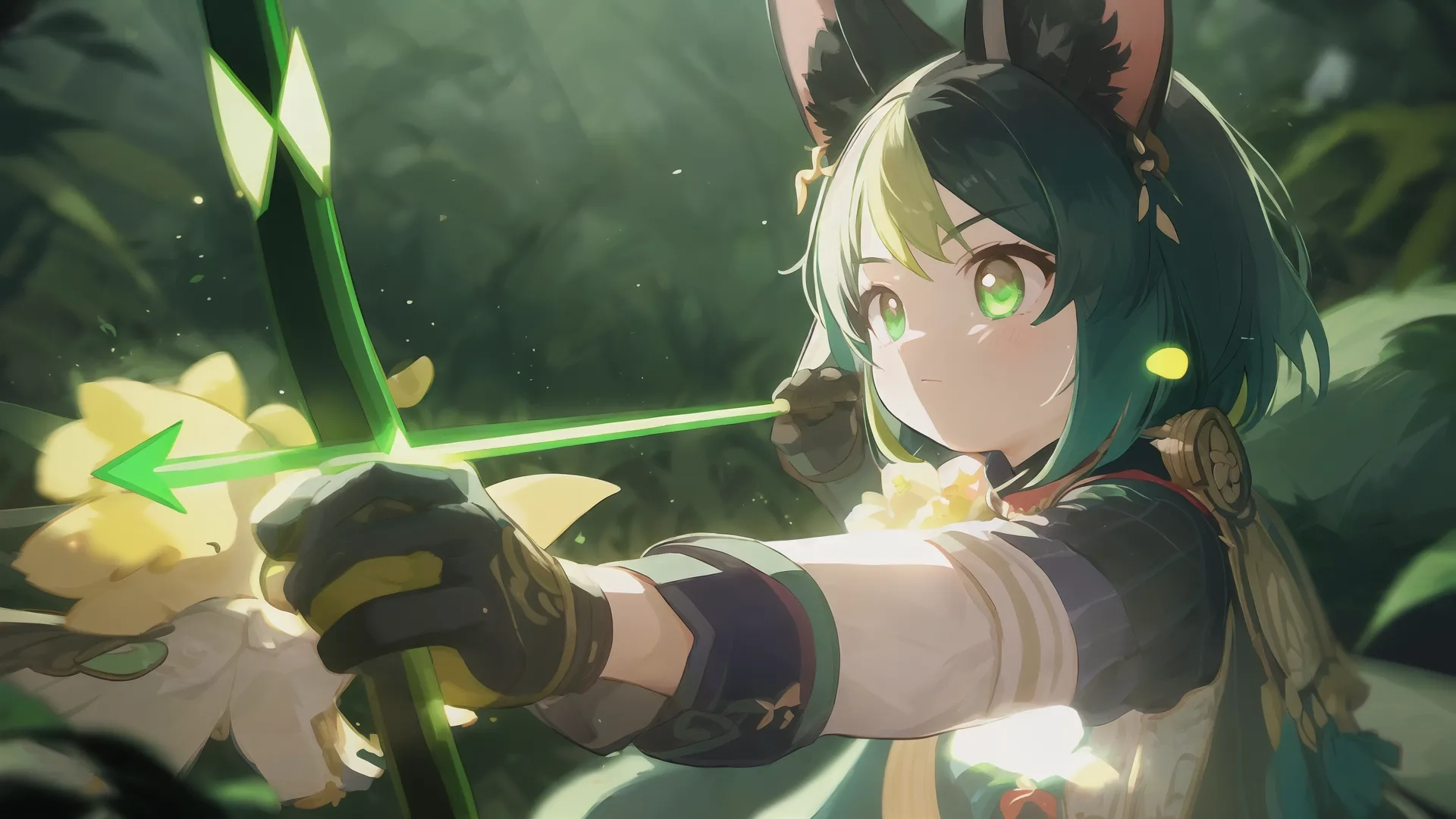 anime style girl with white hair is holding bows and arrows in the jungle with bright yellow flowers while holding her hands crossed up with her fore hand to the bow
