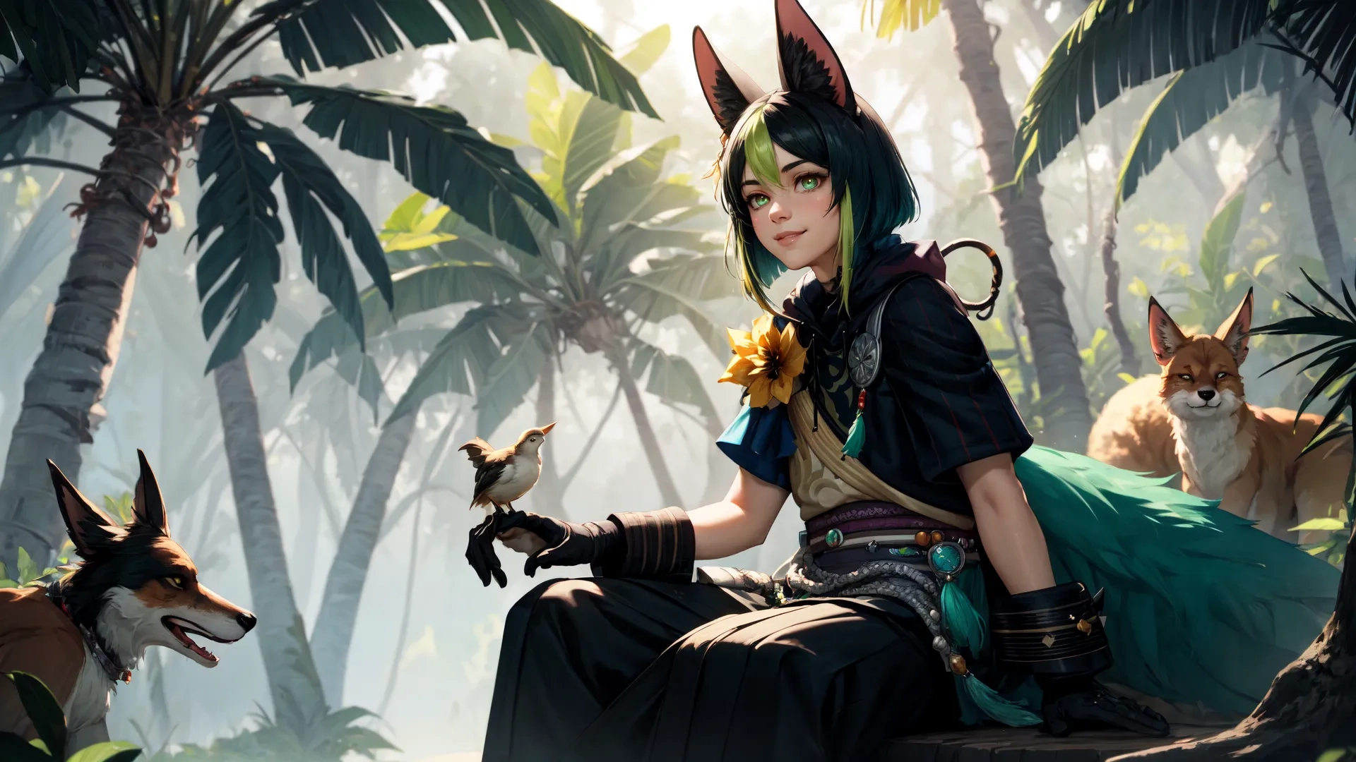 a woman poses for a photo with the animal's surroundings in front of her and looking up at her face, along the trees and behind her
