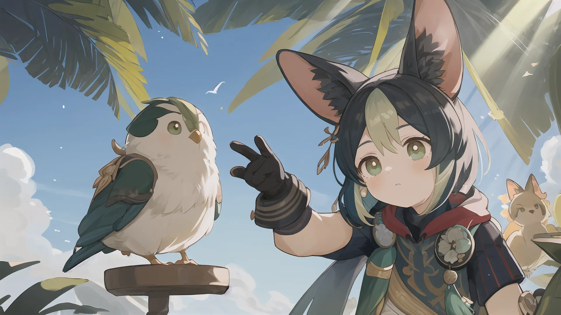 a person holding two small birds next to another animal statue holding a bird on top of a post in front of palm trees while the sun beams