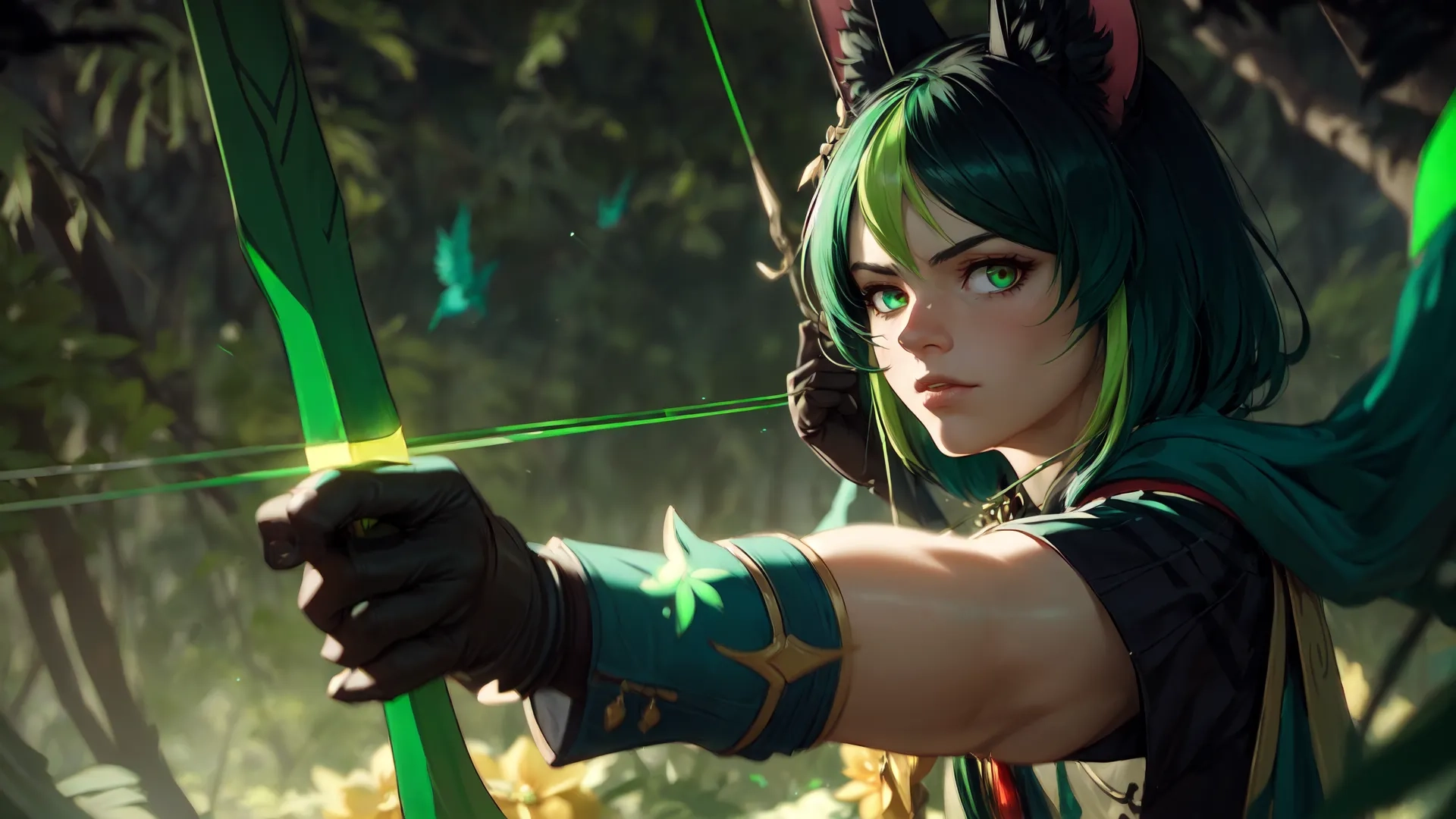 a girl in an anime avatar playing archery in front of trees and grass with green hair and bow at her chest and eyes, a green collar
