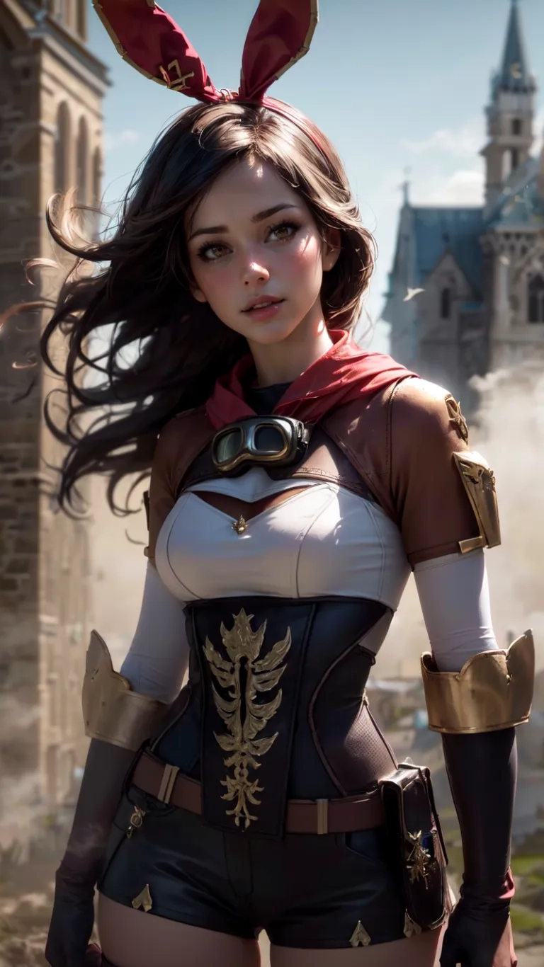 some amazing looking woman in very high heels clothing all by herself and wearing some weird looking costumes she is holding her hand near a castle and her head