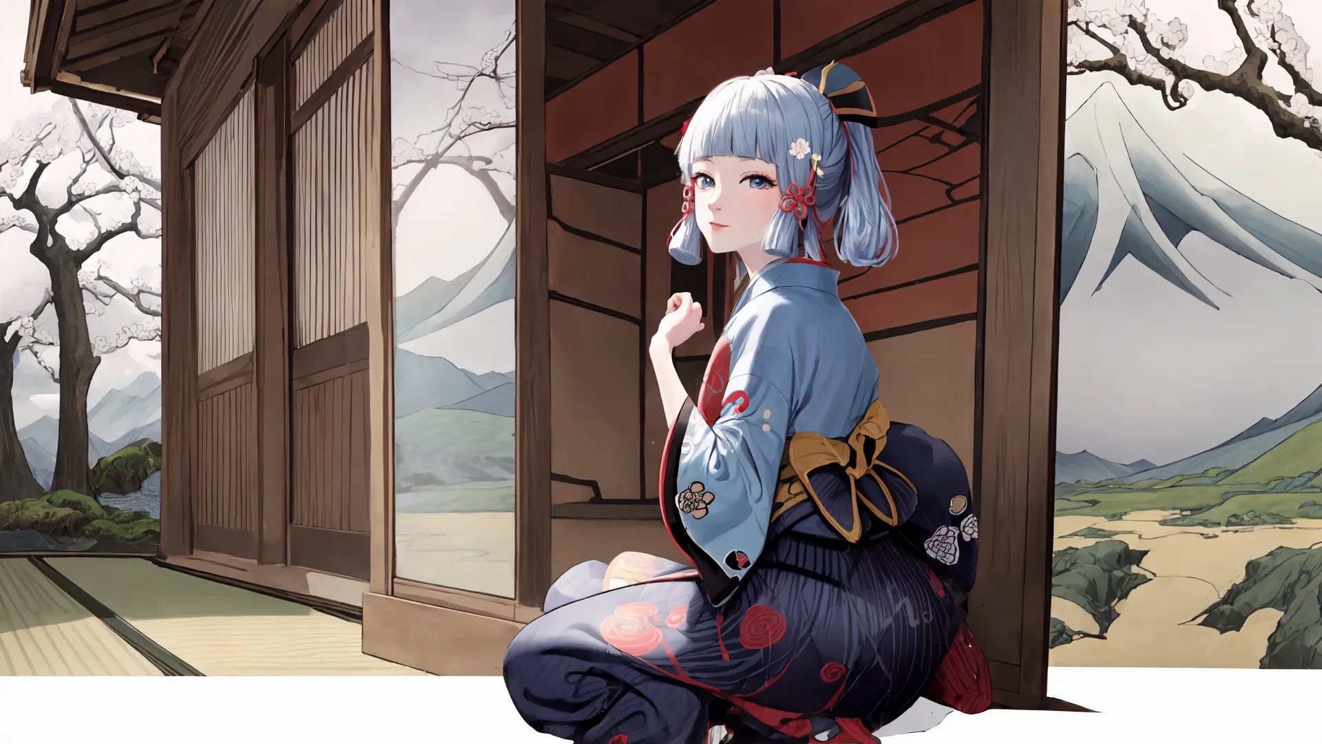 an asian scene with woman sitting under tree and outside the house door, in front of a window with traditional japanese scenery behind the door, also depicting mountains
