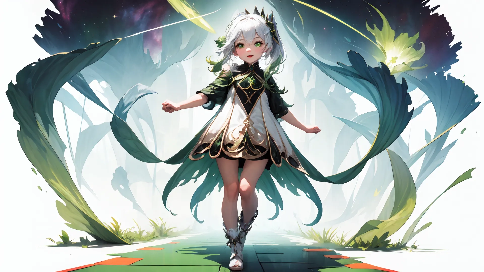 girl in a futuristic outfit holding her arm raised as she walks in front of foliage and alien sky background like scene background with grass and glowing light