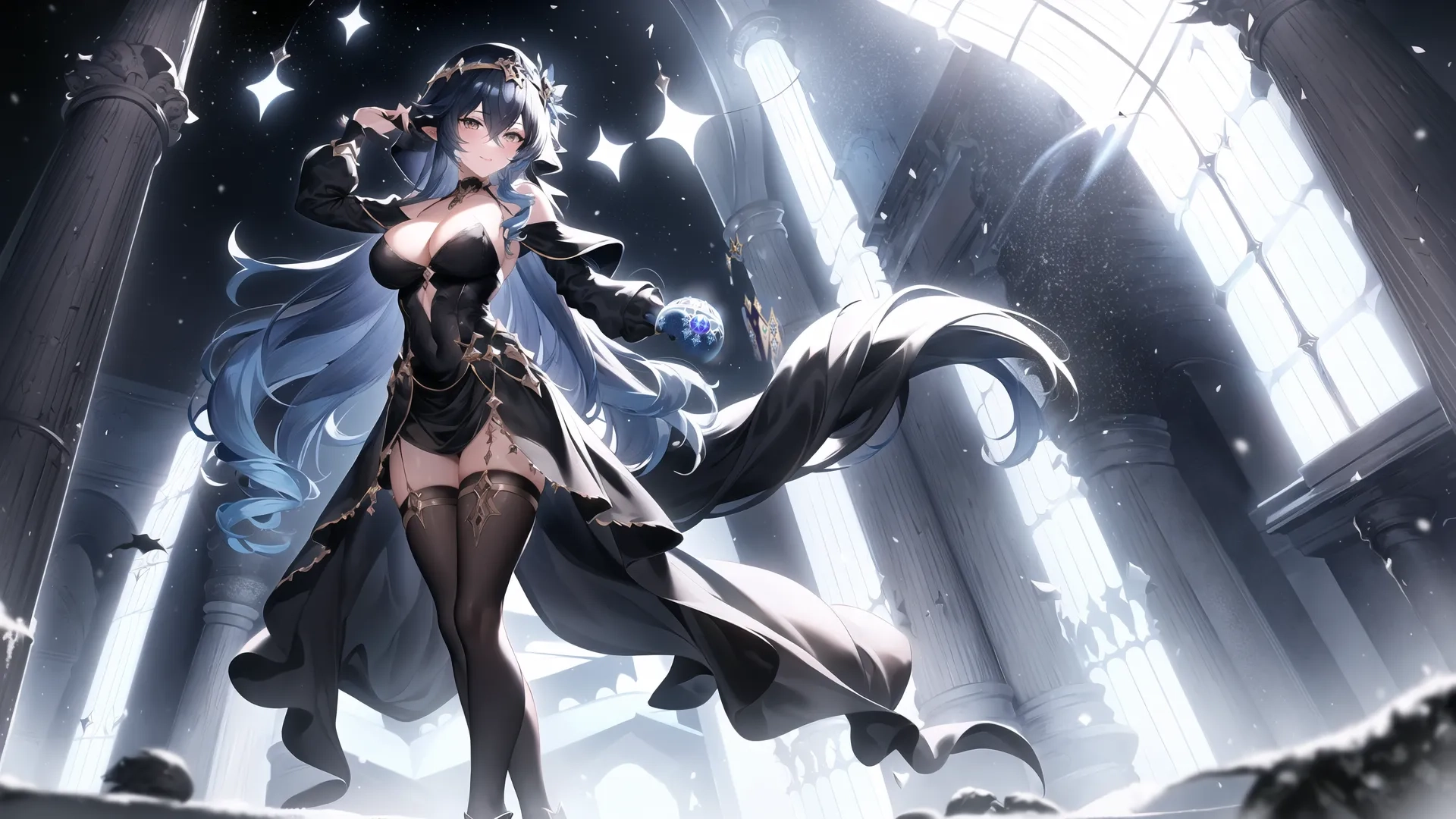 a female anime character wearing a long dress in the corner of columns of a church with a huge light streaming out from behind her head and stars