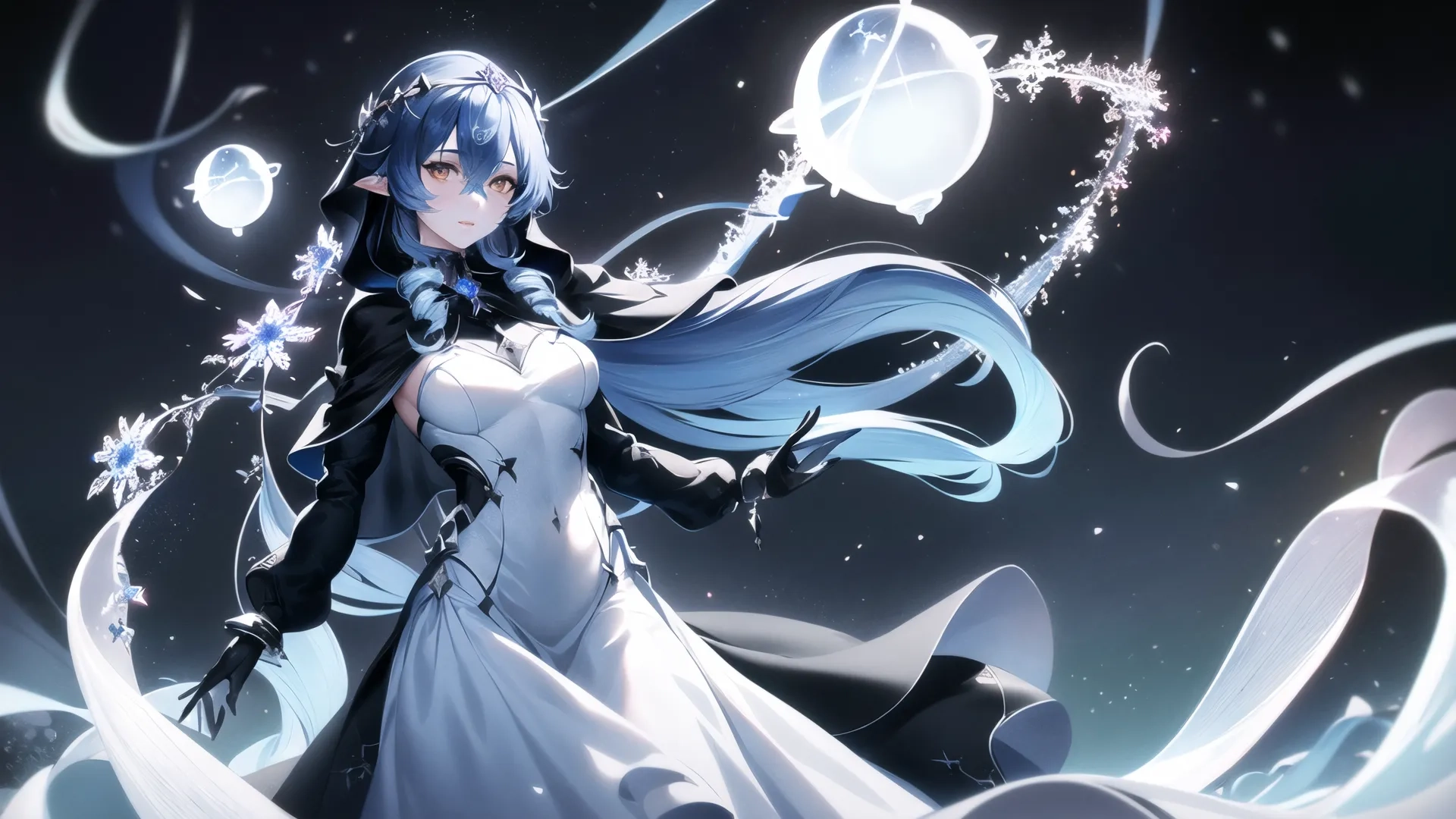 a woman is dressed in long blue and white hair and blowing with sparklers around her feet, she has dark eyes and black, and has black hair