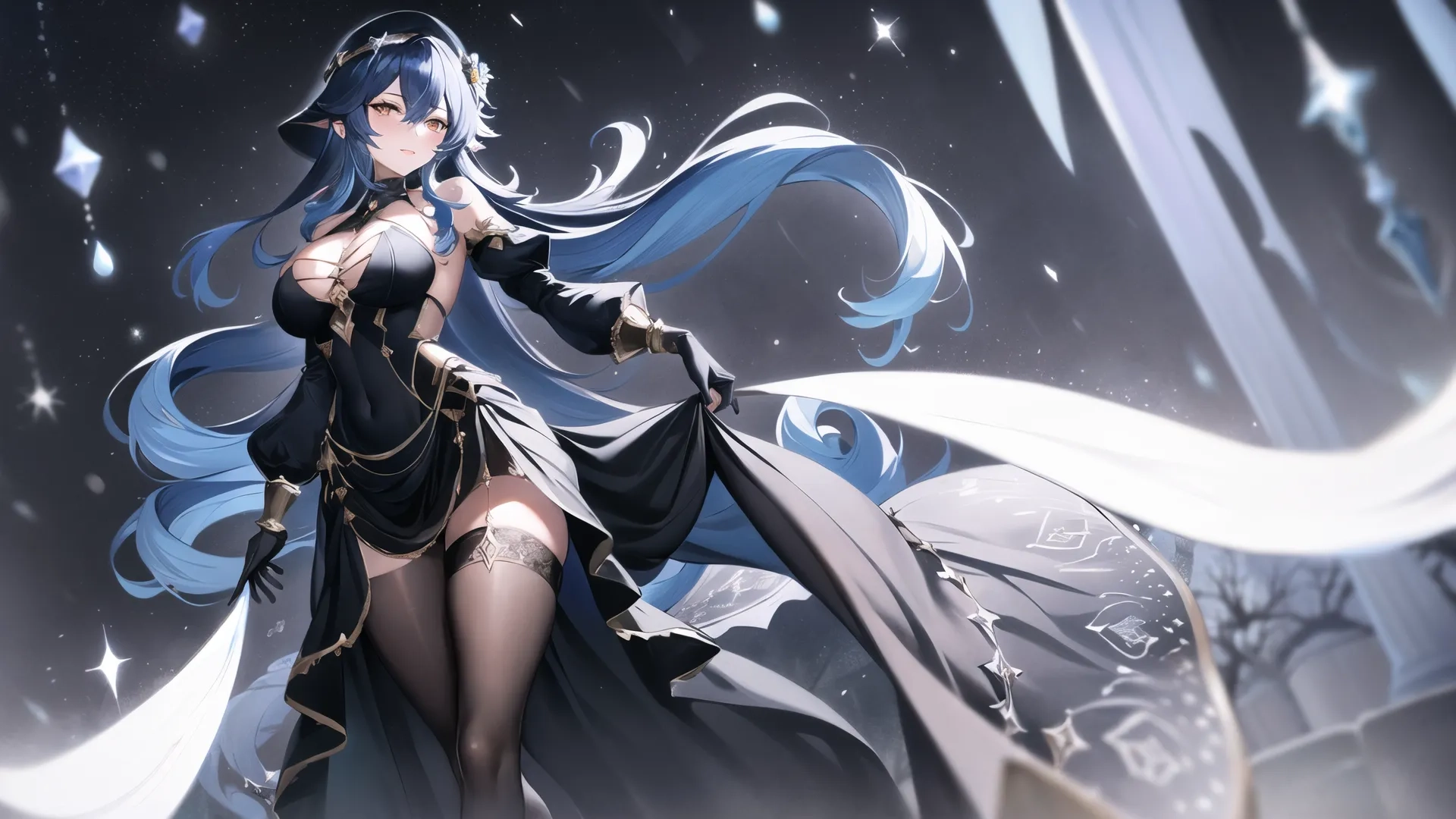 an animation image of she is wearing blue and black outfits for a game with long hair and long, flowing hair and a hood, holding a dagger in