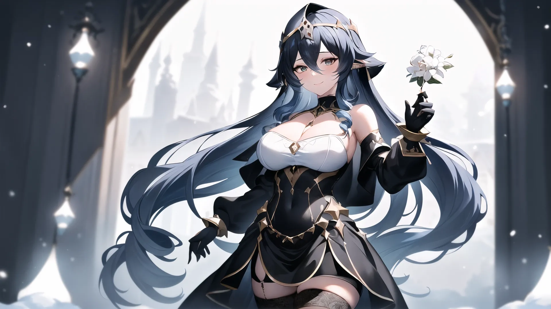 a cute girl is holding a flower wearing an elegant dress and gloves in the woods near the arch of an arch with a frozen landscape in the background