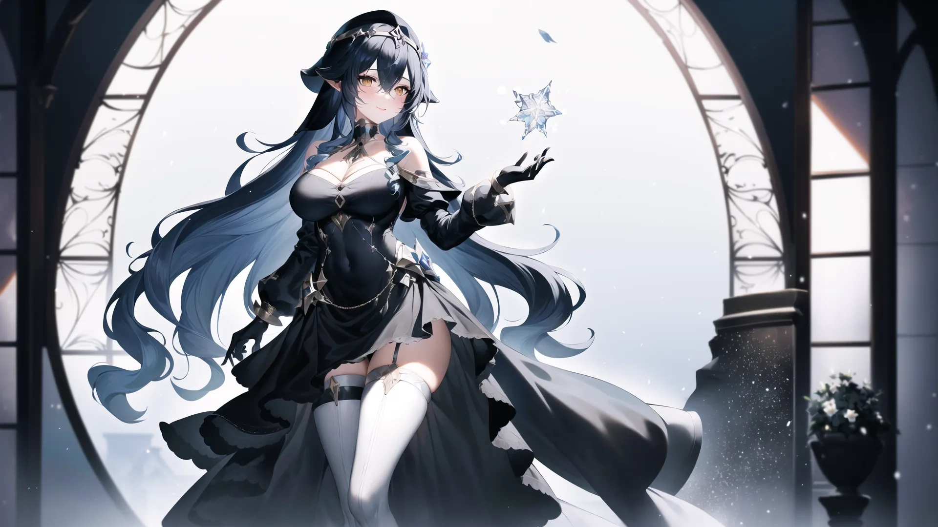 an anime woman with long hair holding a light stick in the darkness in front of her face and wearing long, black dresses and cape clothing with her arms outstretched on
