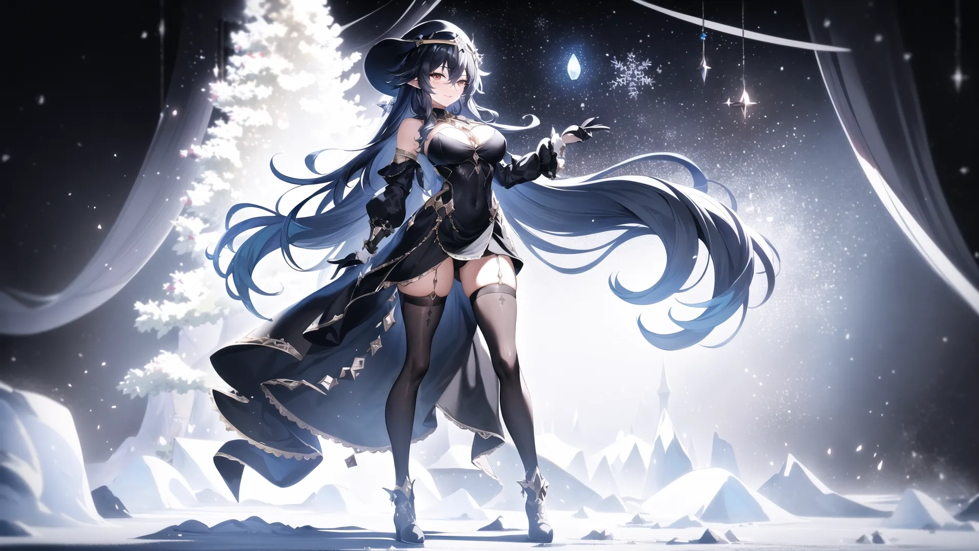 a beautiful woman in a long black dress next to an illuminated christmas tree and a light with white stars around her ankles under a snowy night sky
