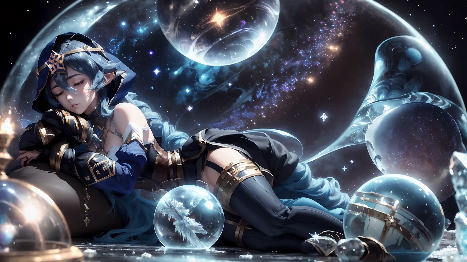 a woman that is laying in some glass balls with planets in the background for added space in the sky and stars in the background in the dark
