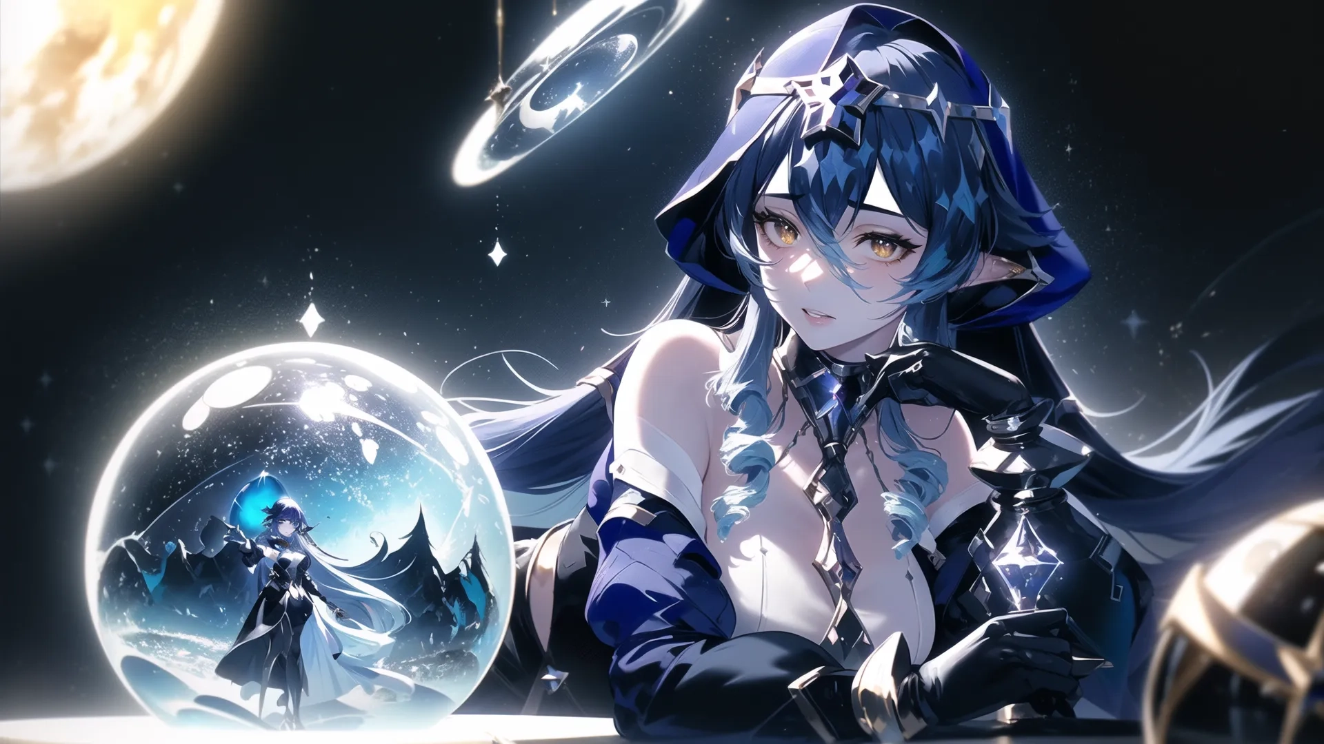 she is wearing some unusual clothes and holding a crystal sphere in her hands while the sun shines on her head and behind her body, in space