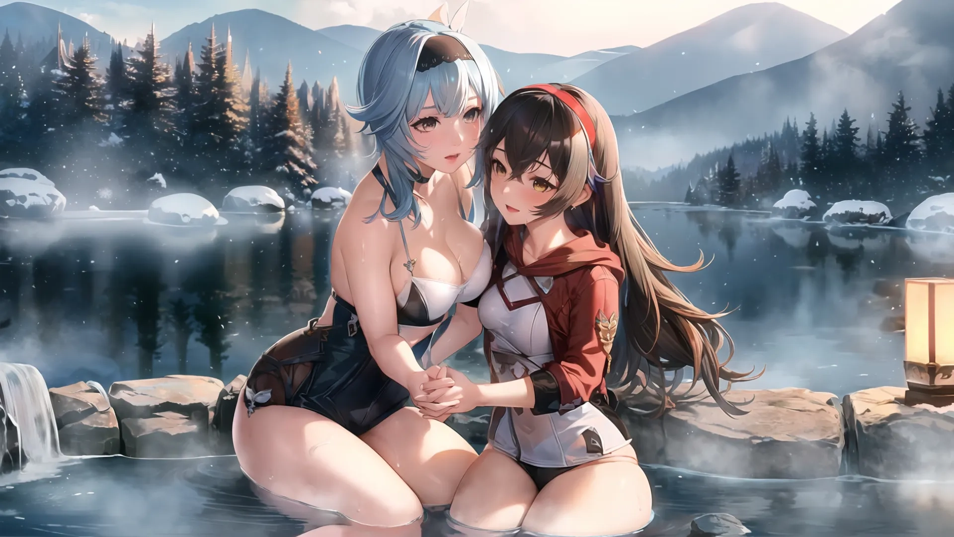 the couple is in the water, hugging each other with them in the river with her clothes turned over and their breasts up, in the water