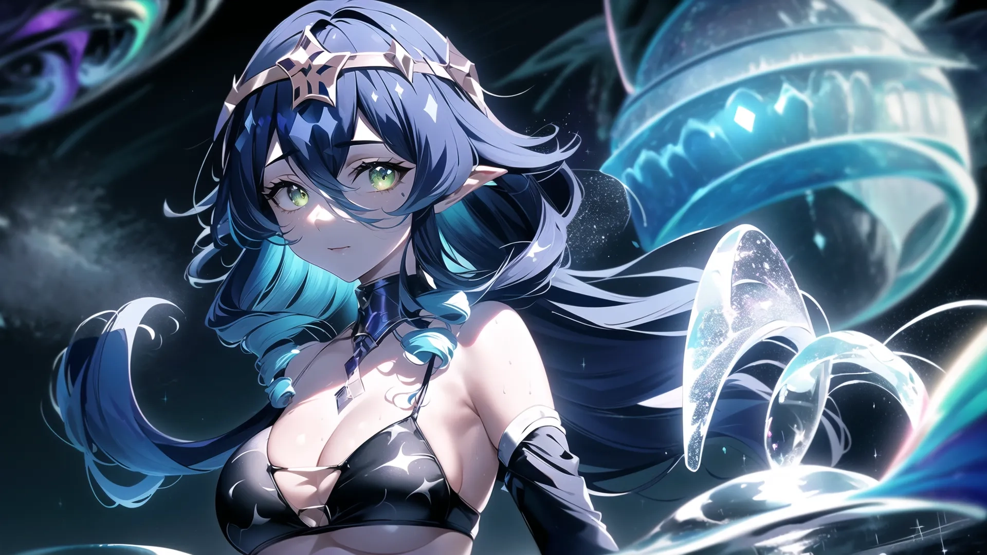 the young girl in the black bikini is posing for a photo with the alien background behind her in her arms and looking to side up at the camera