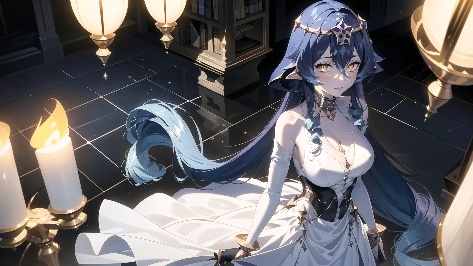 a woman in long skirt sitting on tiled floor surrounded by candles and lights, with a veil draped down on her head and blue hair around her neck