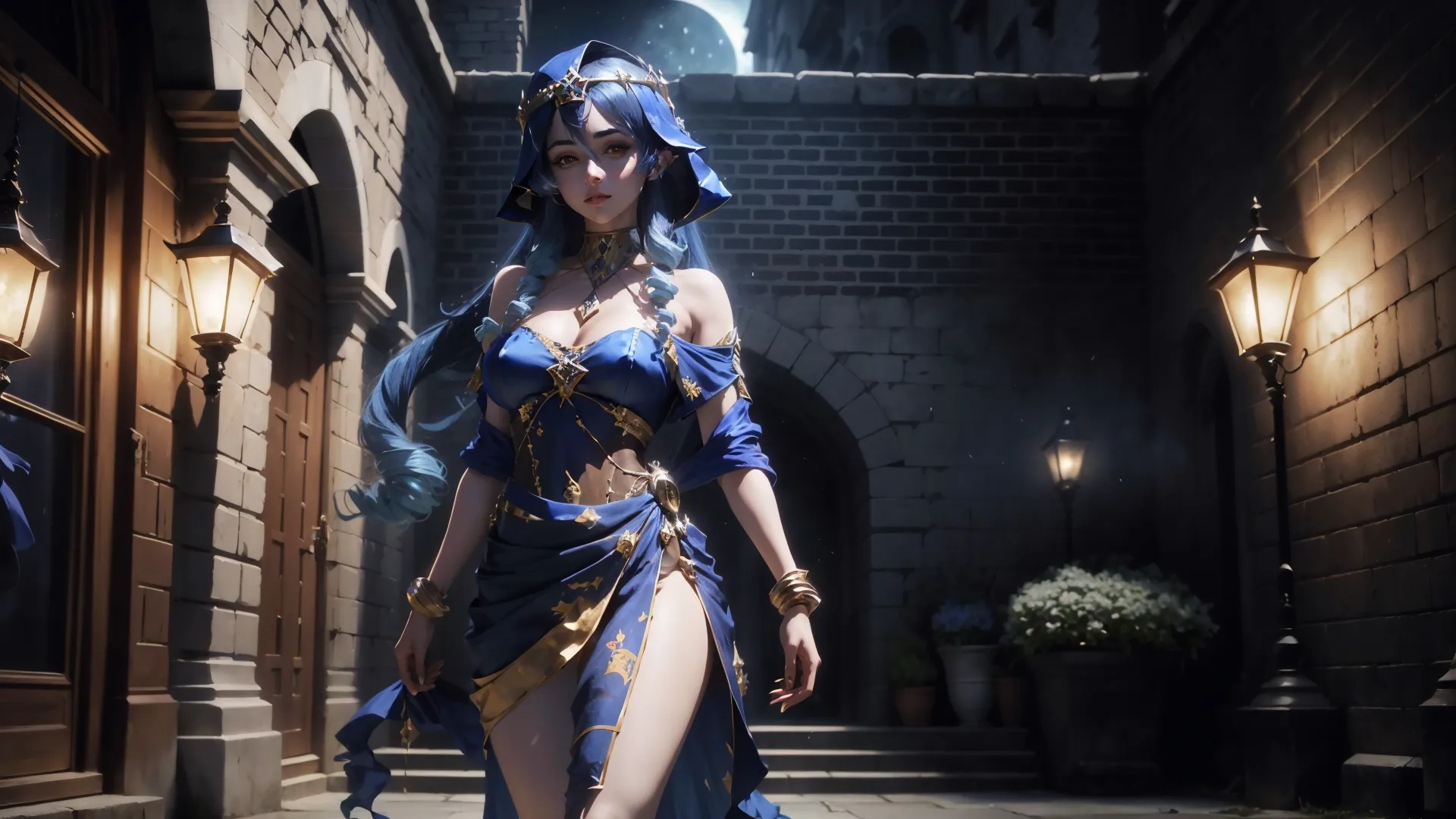 a woman dressed up and dancing outside in costume with an umbrella over head to cover her mouth and skirt up for an image of herself and swordd