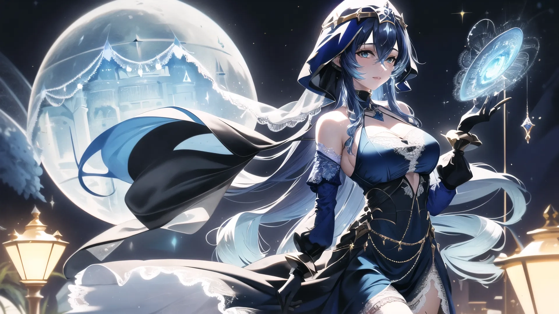 a japanese figure stands near a moon lit castle in the sky and holds a wand in her right hand, wearing dark clothing and holding the wand