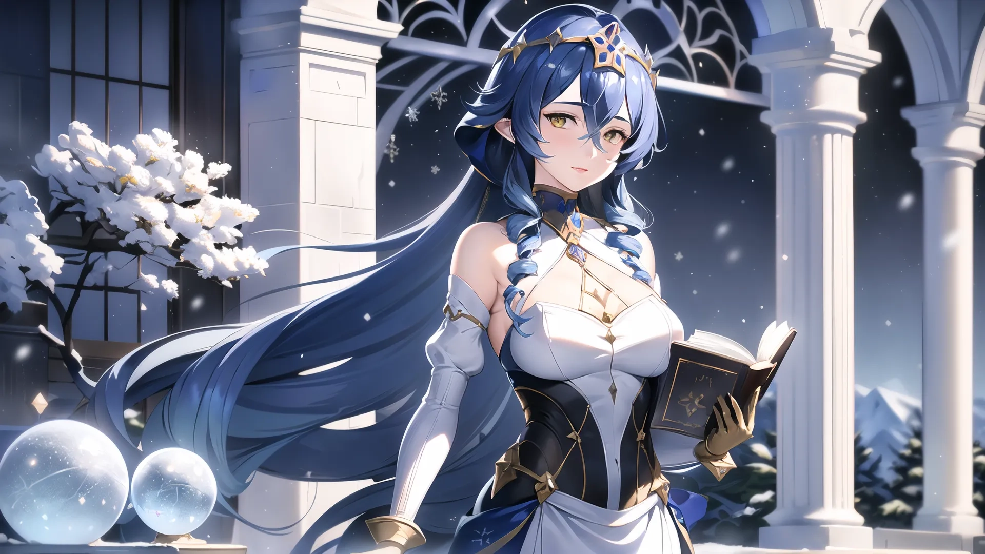a woman in the snow with a red and blue dress and tiable stands holding books near an ornate building surrounded by snowing christmas trees with white decorations
