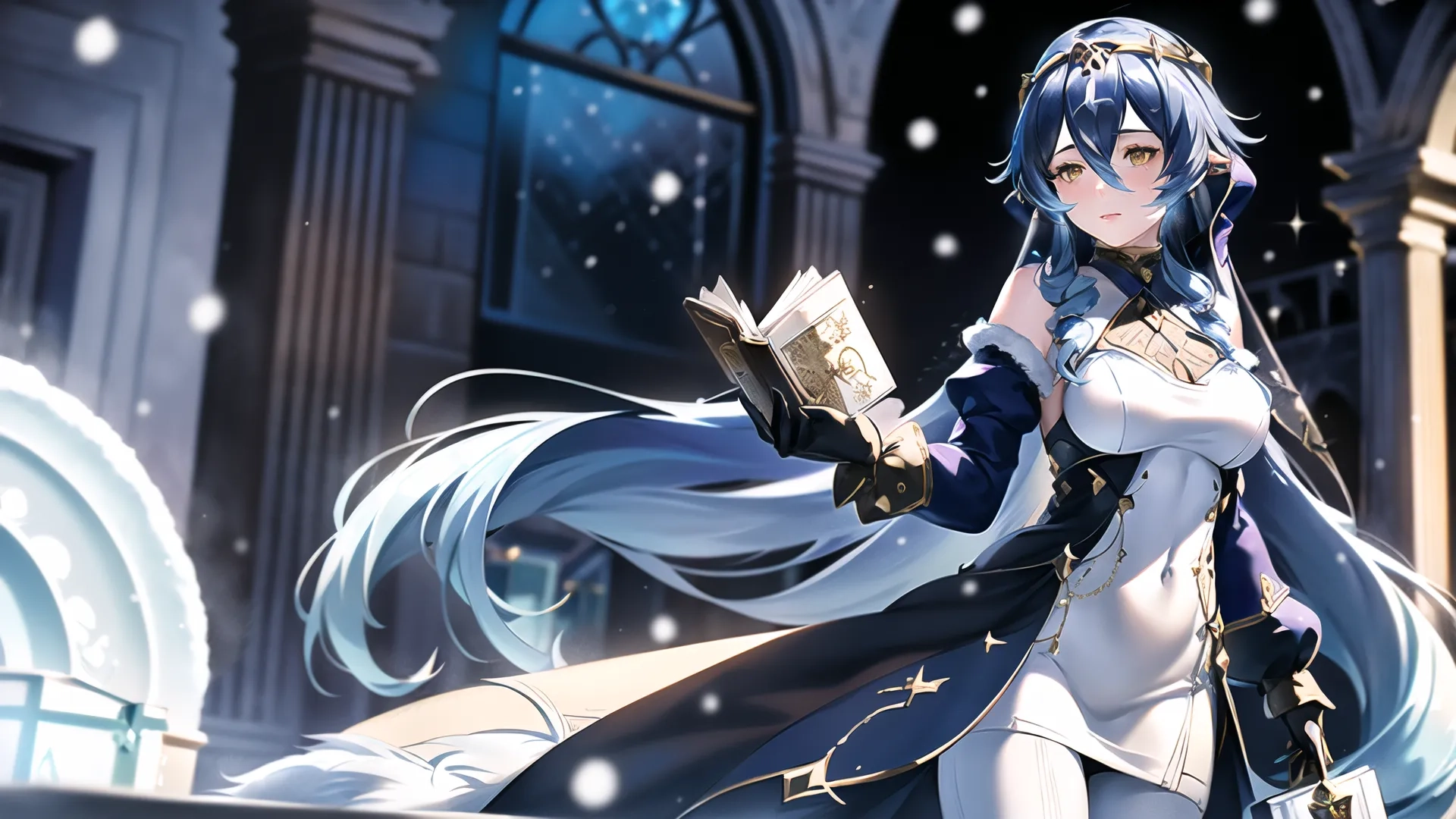 young woman wearing long sleeve and blue hair, holding a book in her hand, while standing outdoors next to an ornate building in snowflor