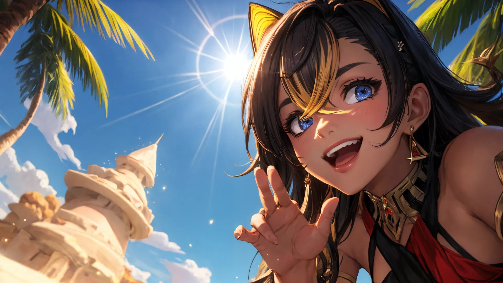 an image of a person standing in front of a castle with tall towers and palm trees on the other side of them and making a middle finger up