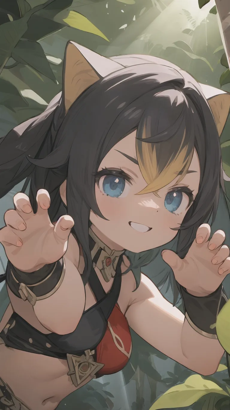 a girl that is standing in the dirt with a cat ears on her head and hands behind her head while surrounded by plants of foliages from anime style