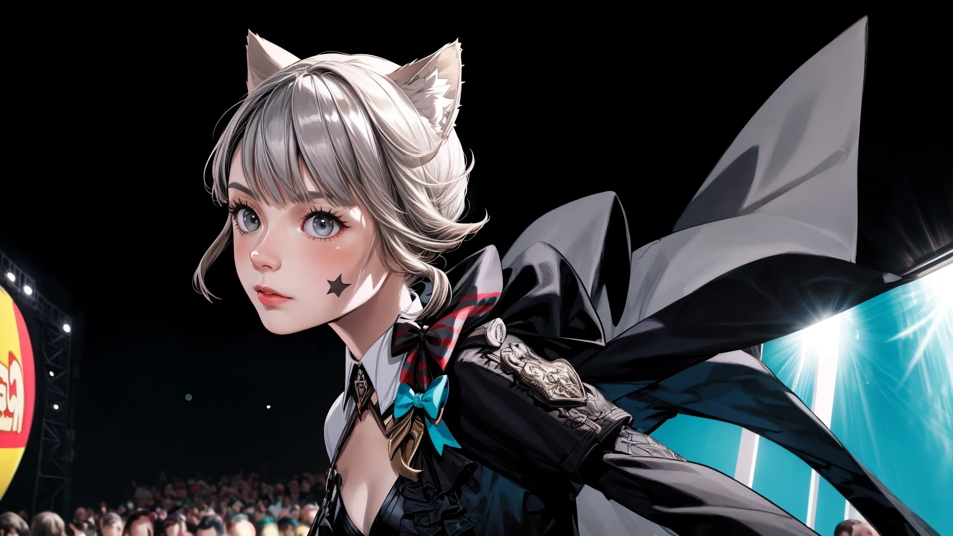 an anime girl dressed up in black is about to take off his clothes and the rest of his suit hangs behind her as a large crowd watches
