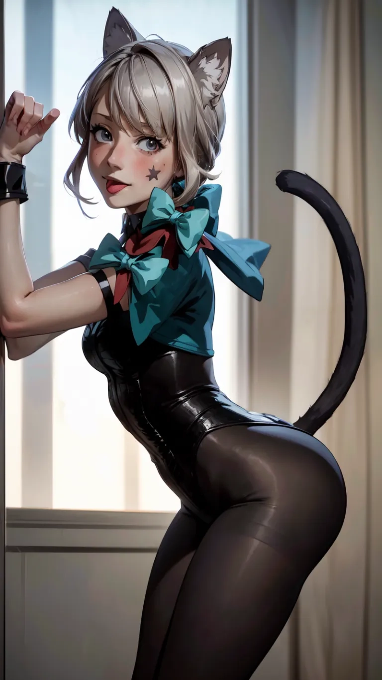 a women in an anime outfit is posing up and wearing a cat's hat with her paws on them's head and some ears, leaning against the wall