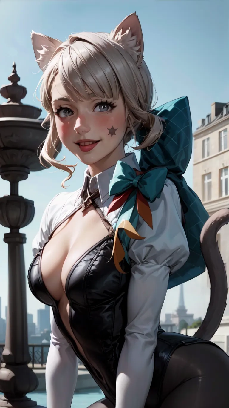 a cosplay costumed cat woman in dress poses for the camera near fountain with city buildings behind her on a sunny day at the beach

