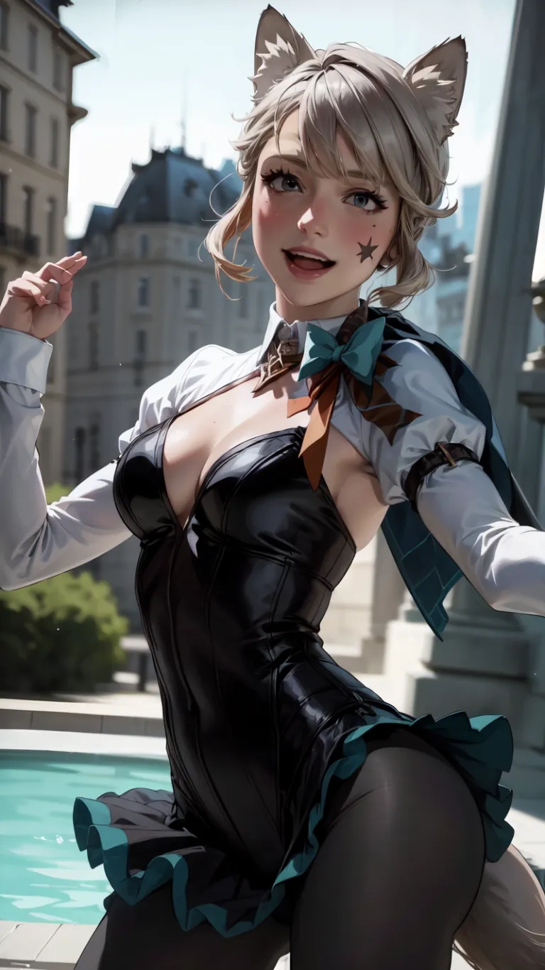 a lady in cat kitty outfit near fountain and building with cityscape behind her at park in background of building with trees in foregrounded area
