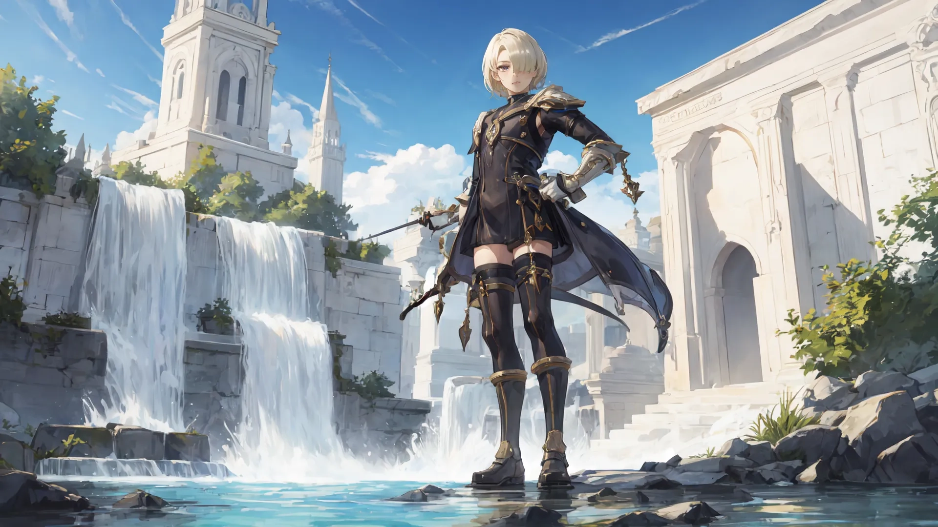 a 3d rendering of a female standing and holding a sword and wearing black in front of a river and a gothic church tower in the background with water