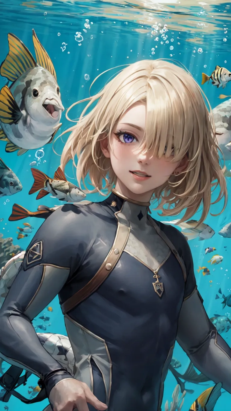 the girl is standing in front of some fish in an aquarium holding a spear, while looking at the camera below water and staring at her side