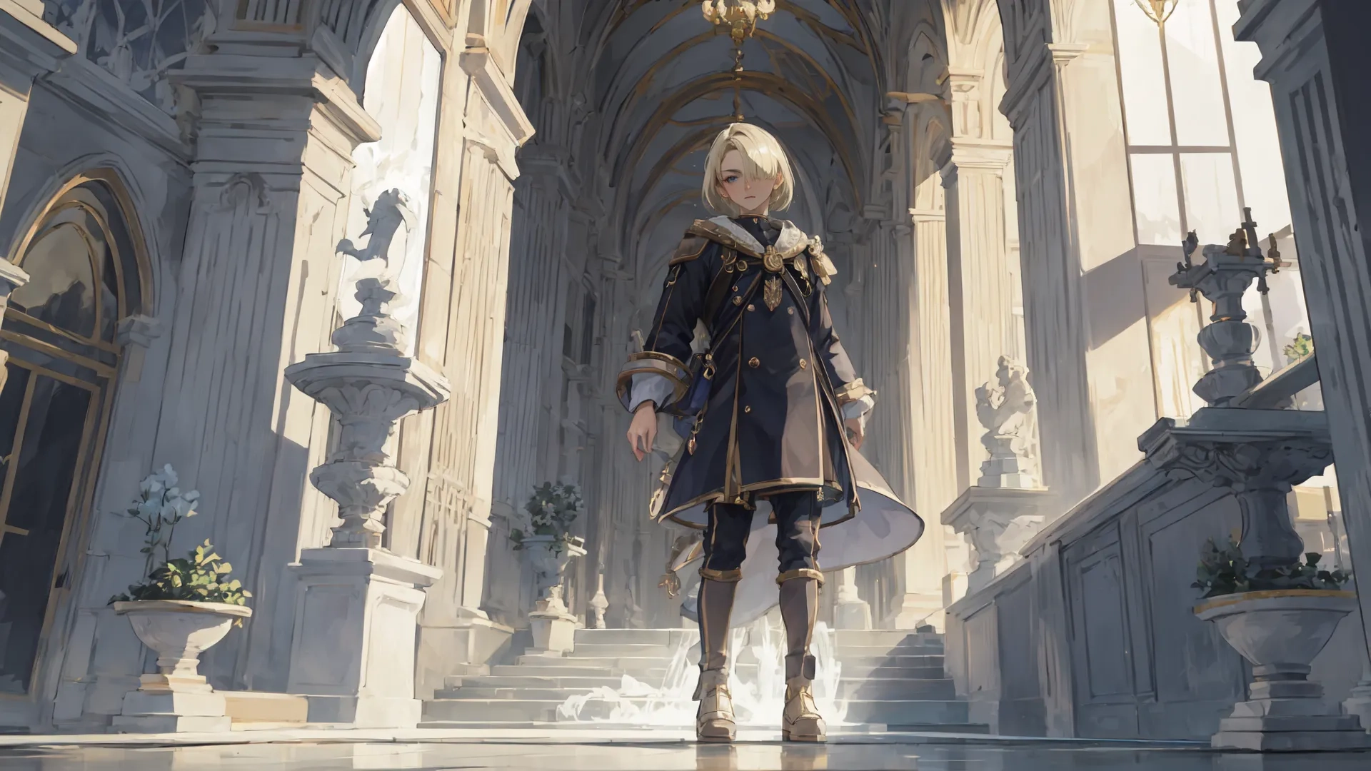 an animated girl is dressed in front of columns and columns with flowers on either side of the doors a stairway leads to two levels below it and another platform