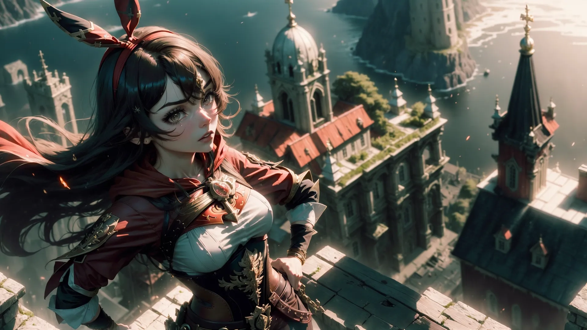 a woman with black hair standing on top of some building roofs and facing down the road with buildings behind her, while she leans over railings the city