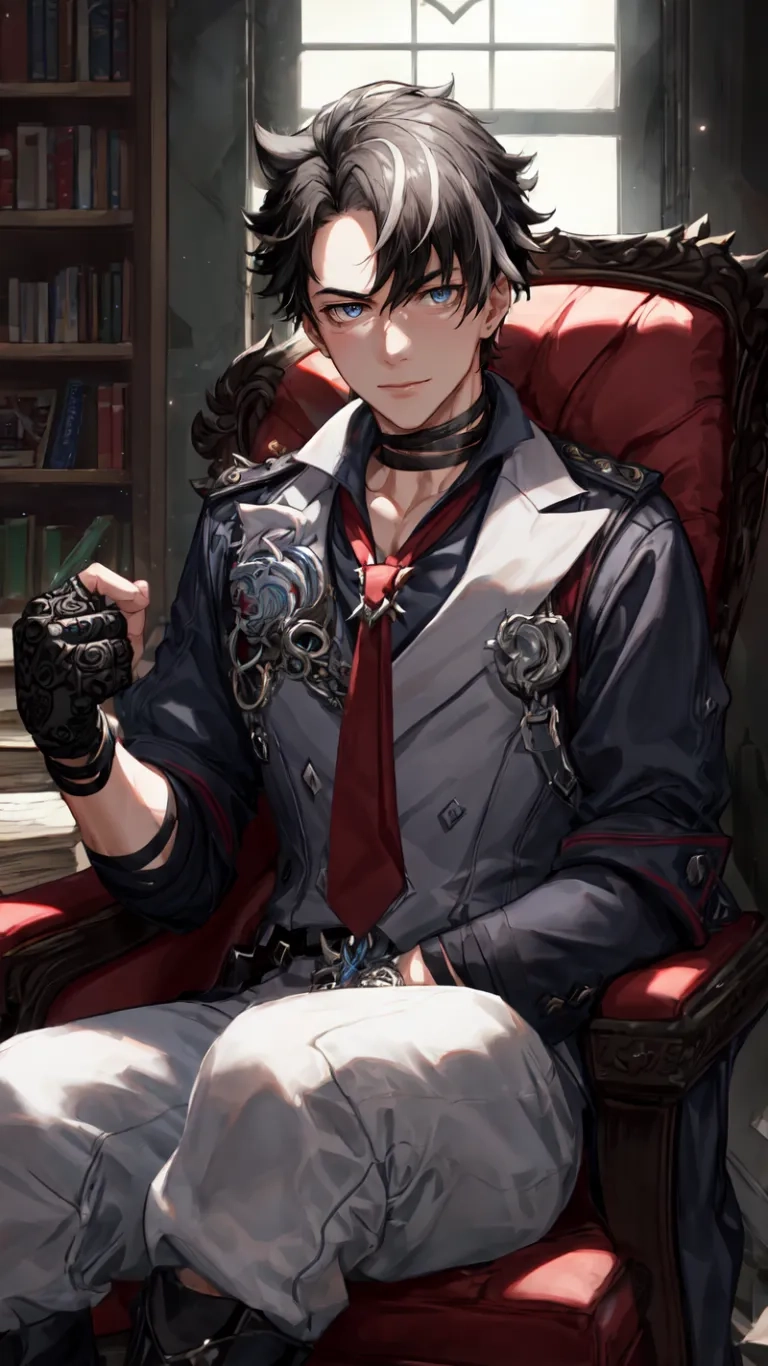 anime anime character sitting in chair holding a cigaretter with skull decoration on arm and looking toward viewer from bookshelf window at right side,