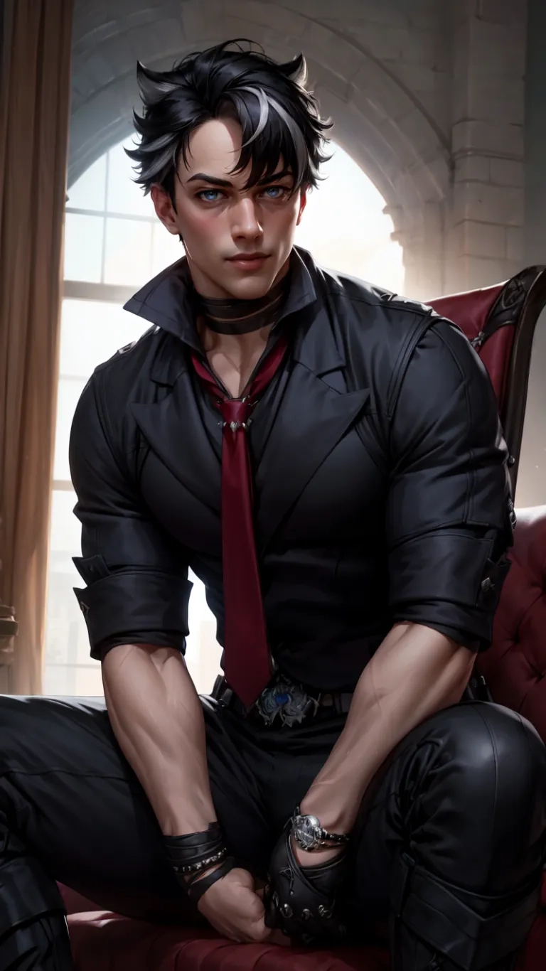 the man is posing for a photo in his black suit and red tie with a tie on with a leather seat behind him against windowilling wall