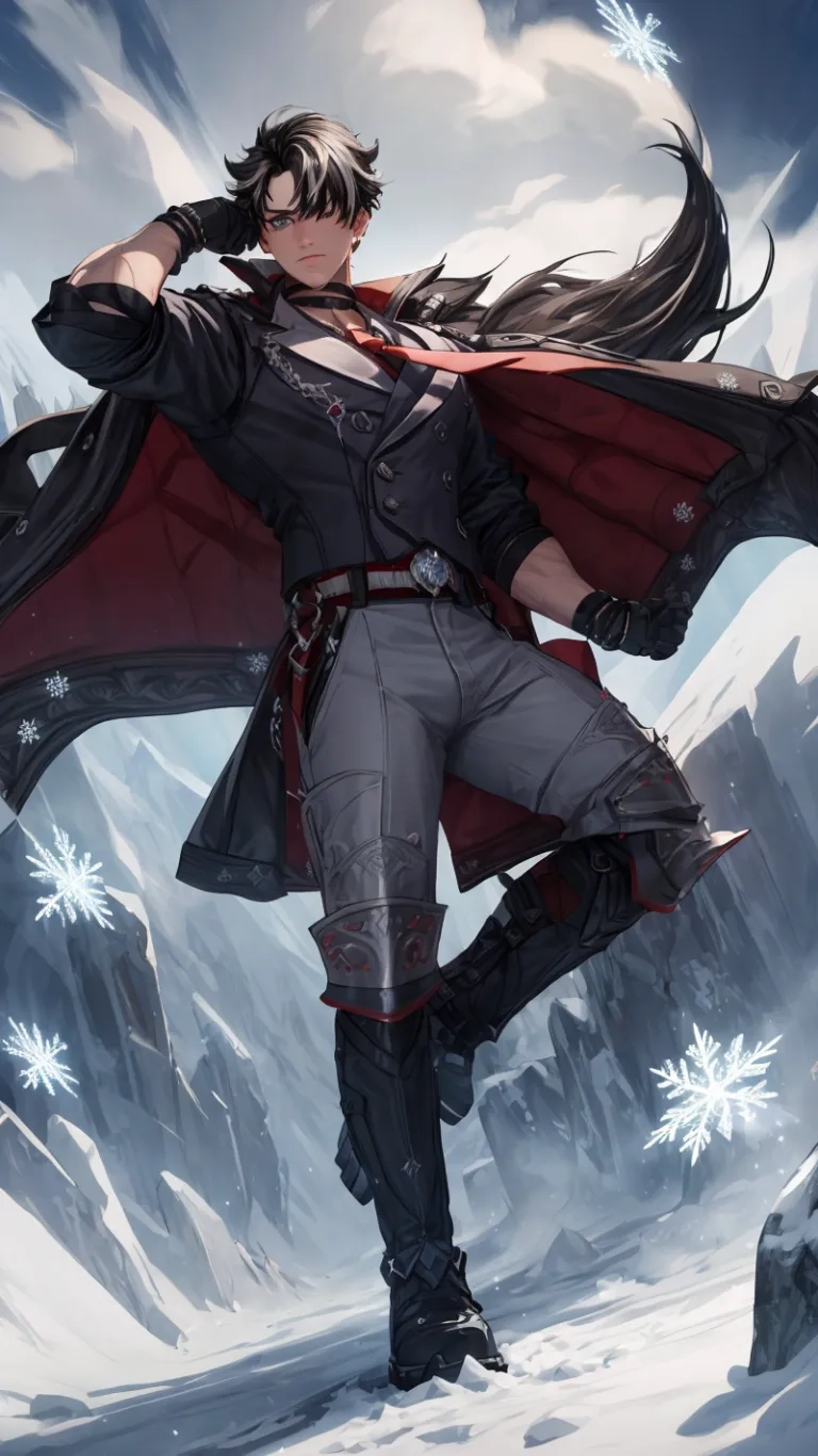 a male anime character standing in the snow, with a mountain backdrop and a snow covered hillside in the background, and arms out, over outstretched
