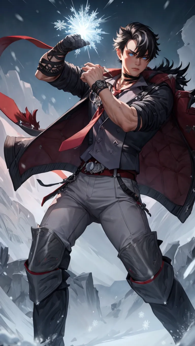 there is a person with a snowball on their shoulder and arm, holding onto his sword while standing in snowfield covered area with snow and a snow