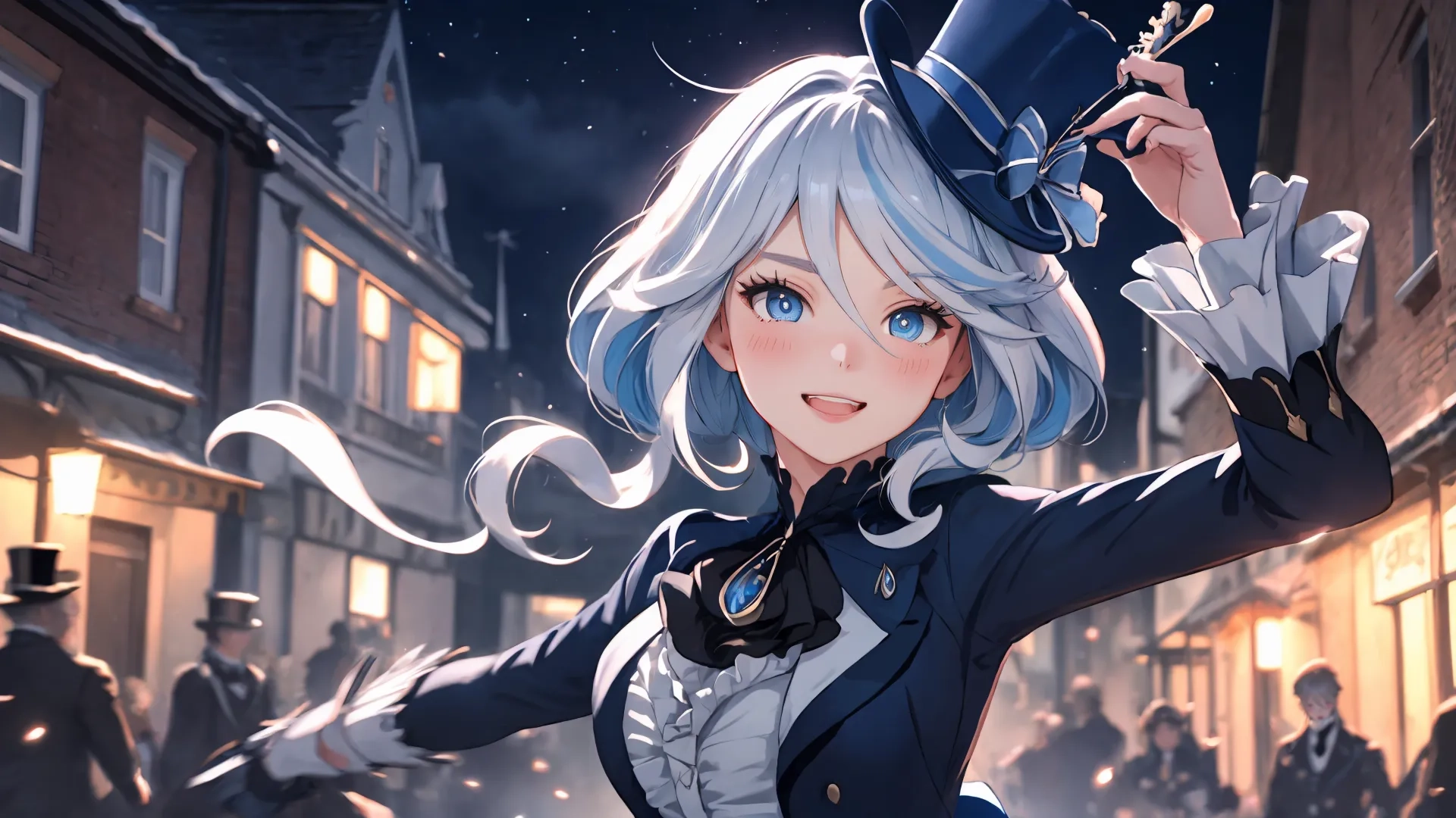 a cartoon character dressed in top hat and dress outfits holds scissors and blows incense from her back as people head into the distance behind her is nearby