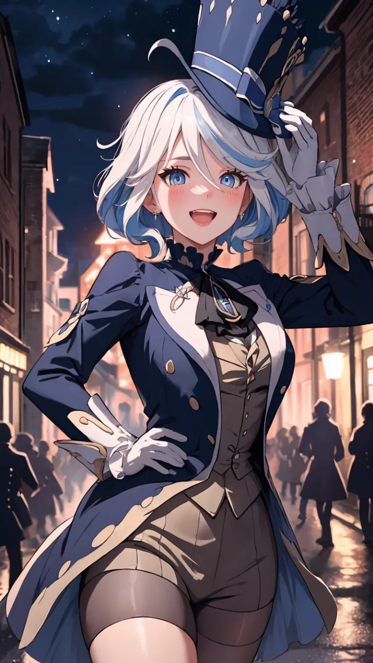 anime girl with white hair standing in a city street next to a crowd of people at night time, wearing a blue bonnetted coat and a top hat
