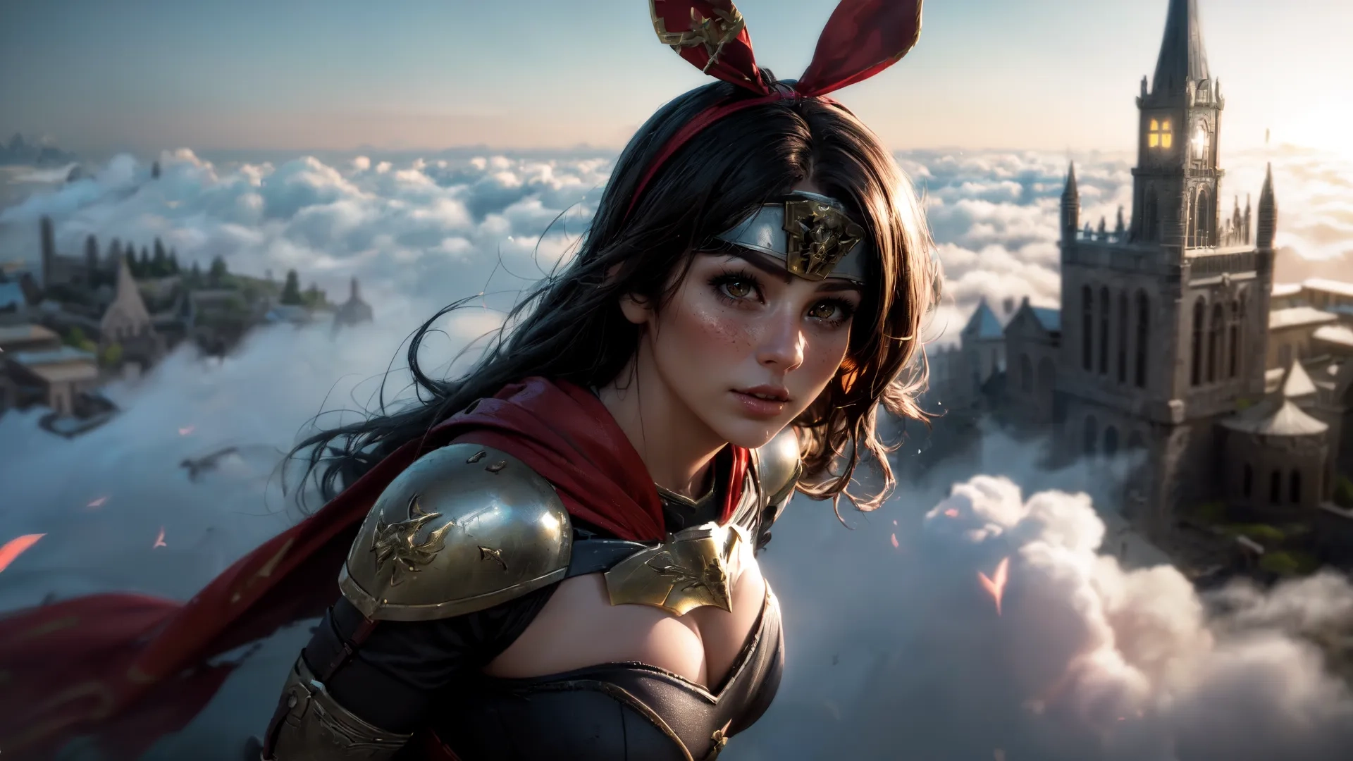 a female that is looking straight ahead and standing in the sky wearing armour and a mask on, with some clouds behind her, in front of the background